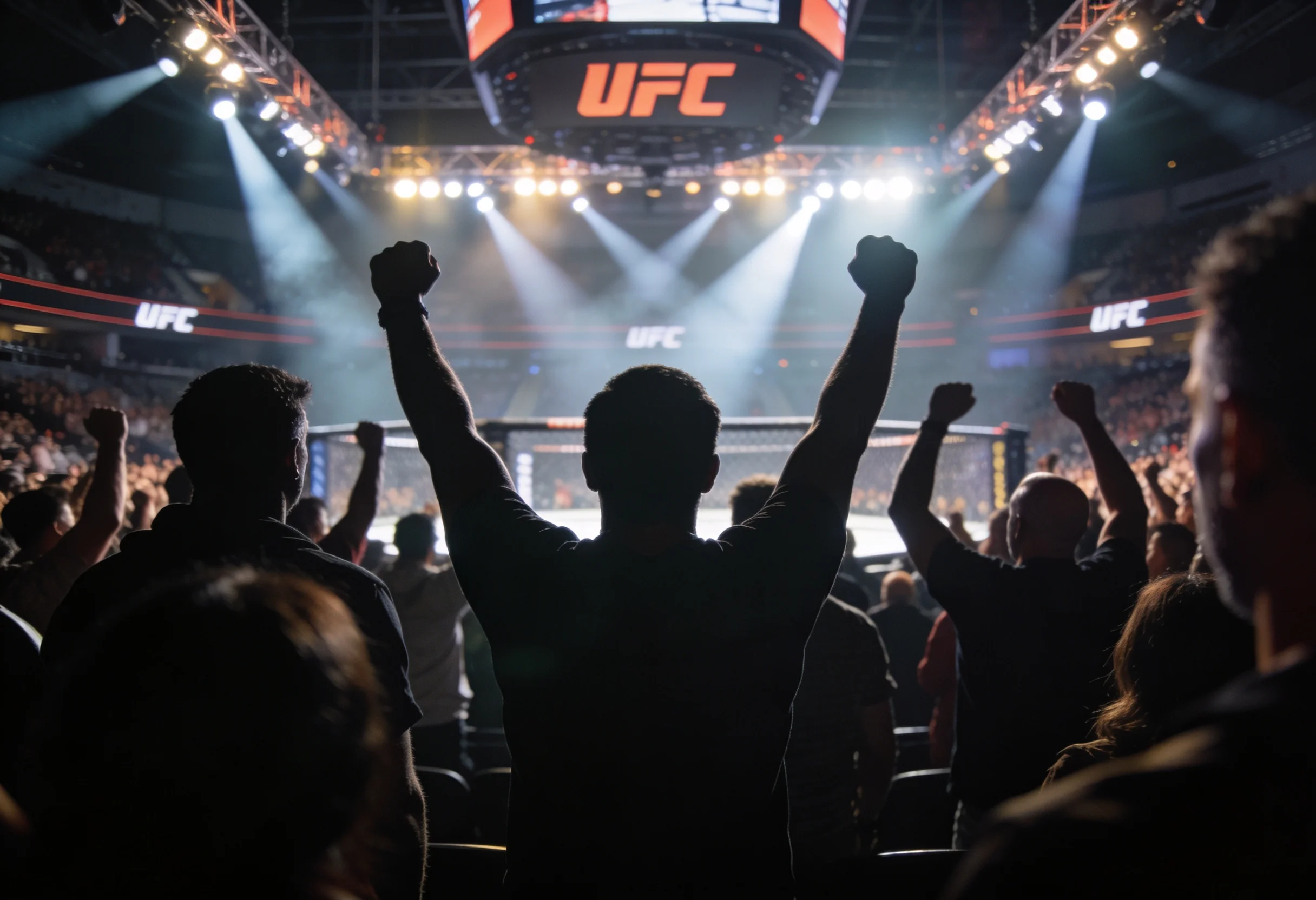 Diverse crowd section at a UFC event cheering during a fight