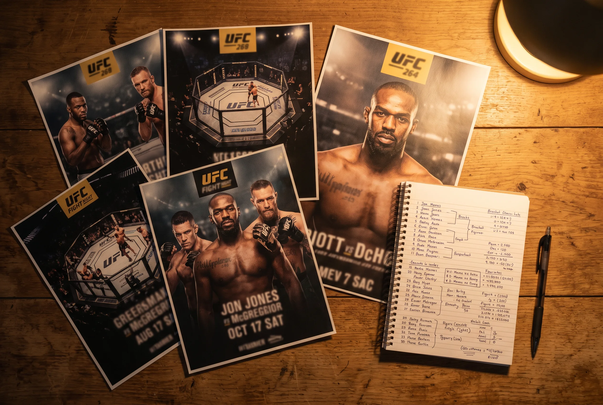Multiple UFC fight posters arranged on a desk next to a notepad with betting notes