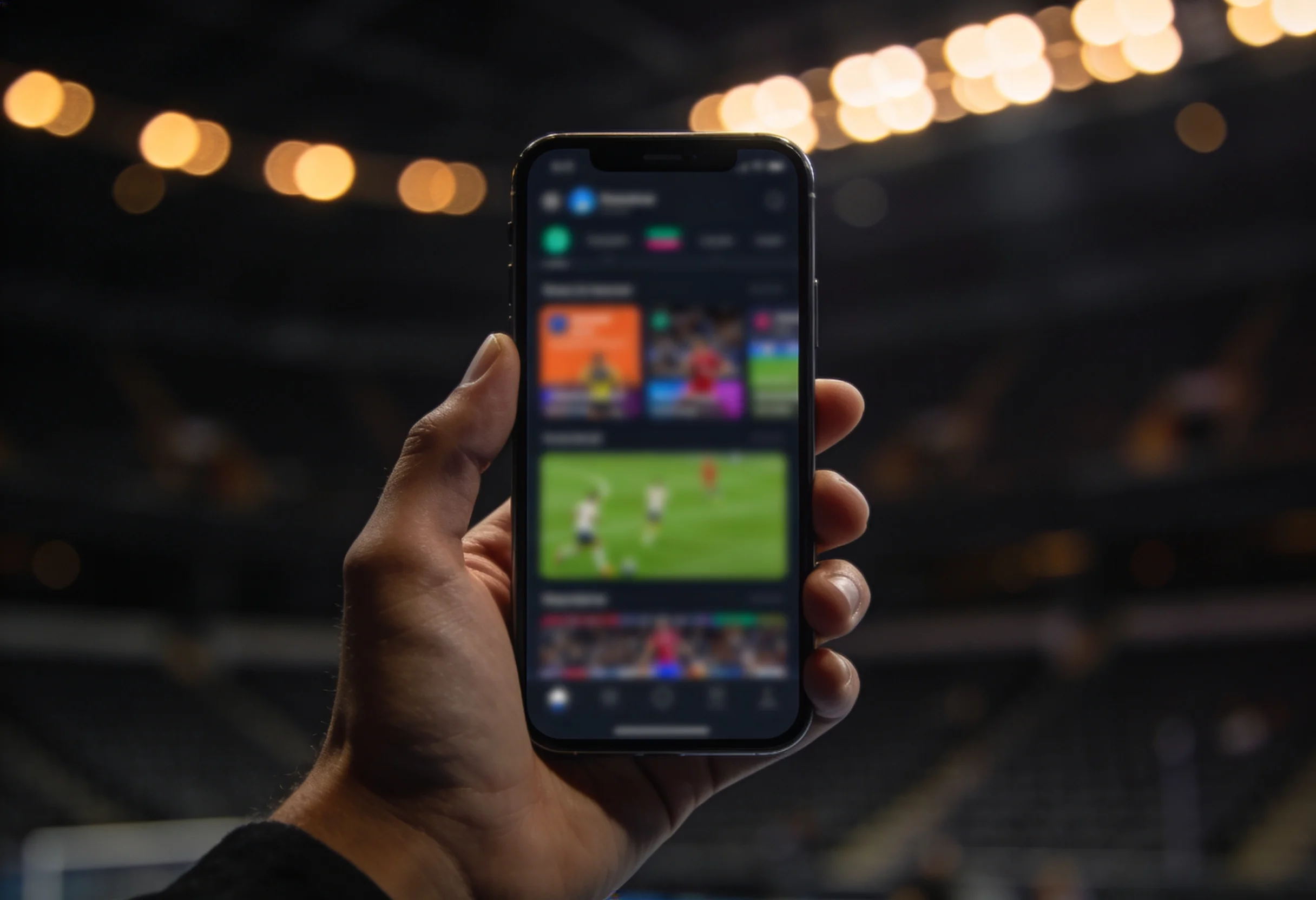 Smartphone held in hand showing a sports betting app interface during a live UFC event