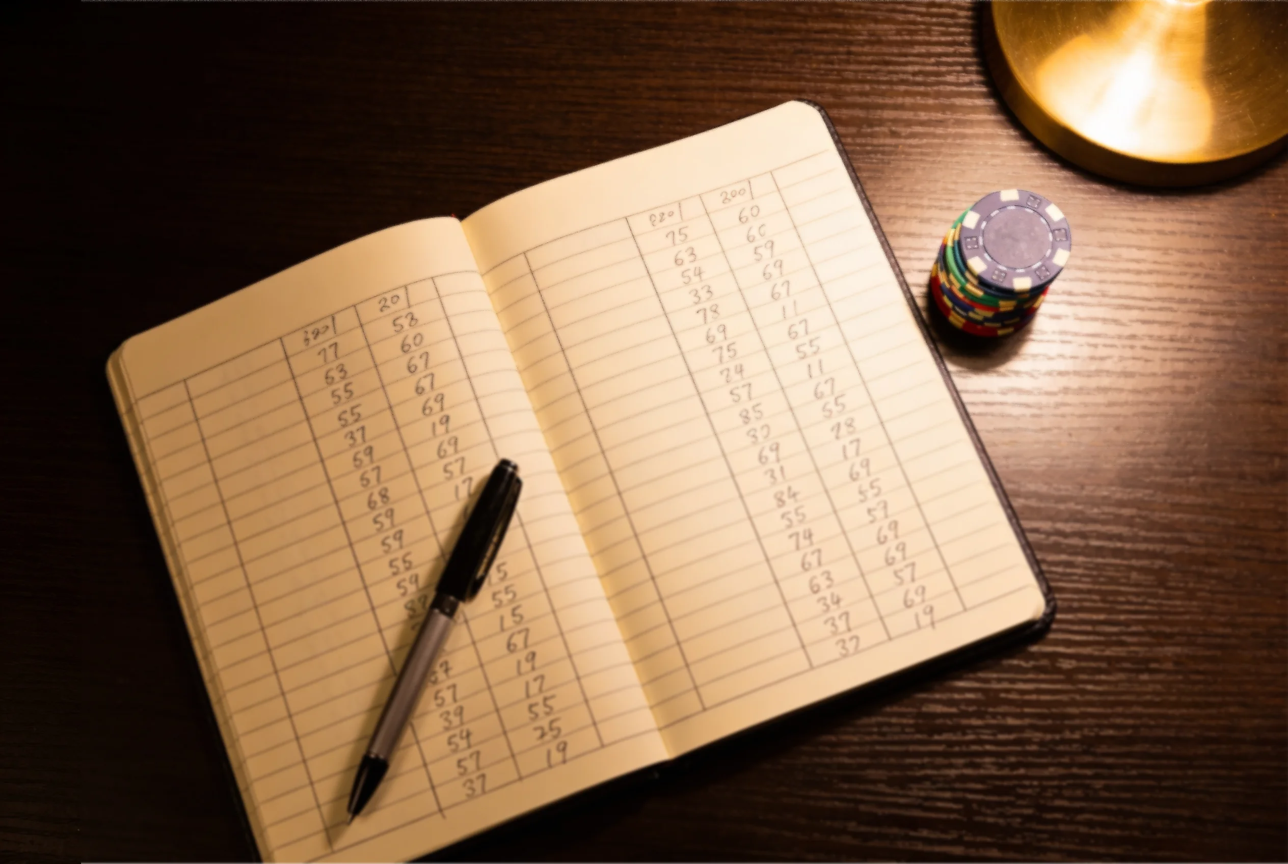 Notebook with handwritten staking plan next to a stack of poker chips on a desk