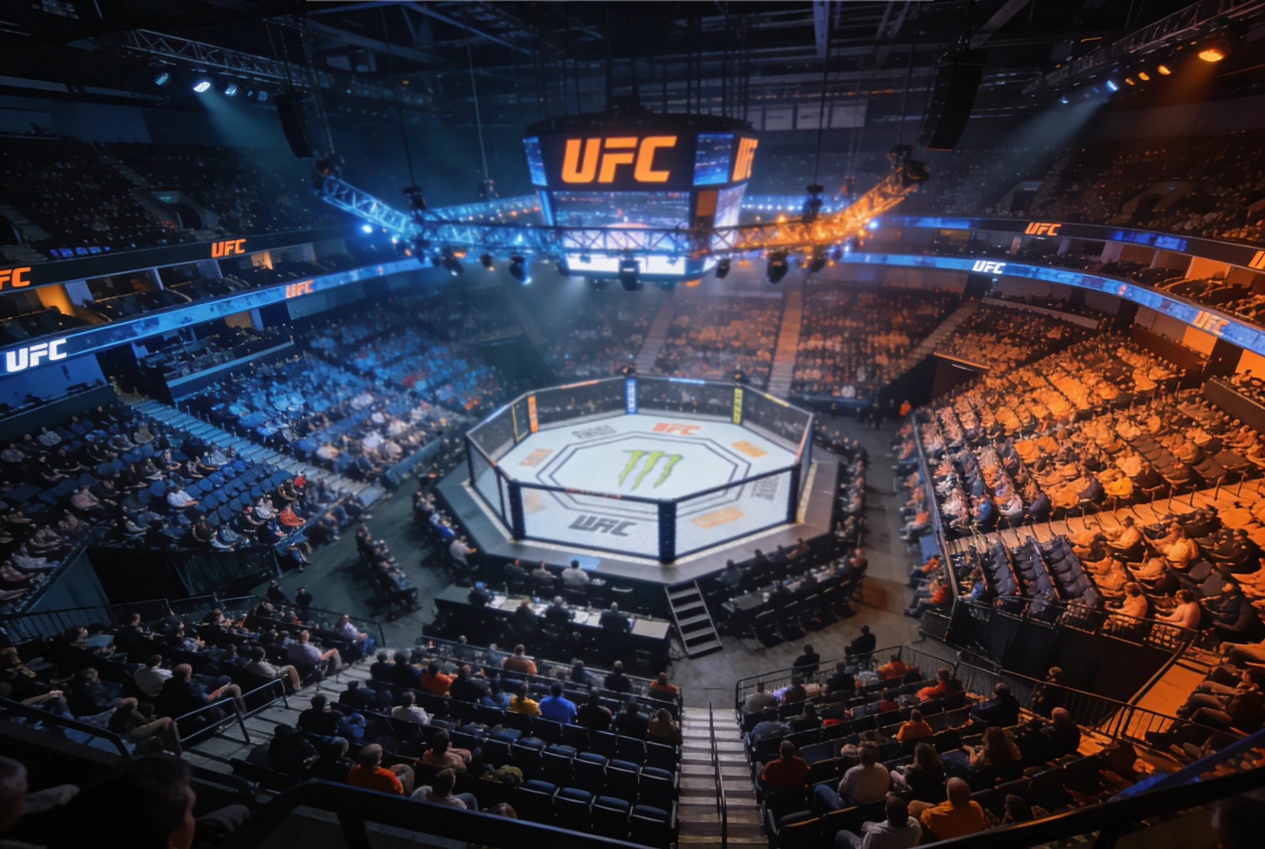 Panoramic view of a packed UFC arena during an event, representing the scale of the MMA betting market