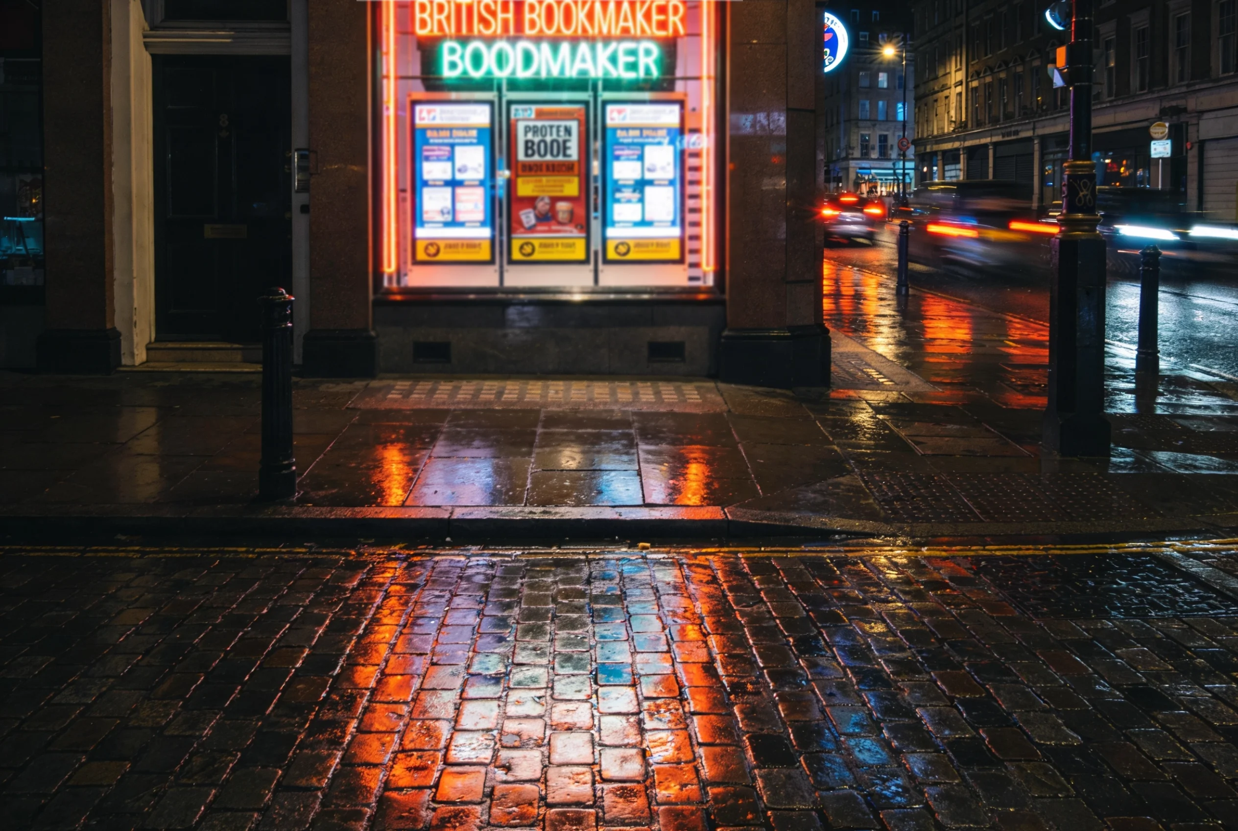 Neon-lit bookmaker shop window at night displaying promotional signage