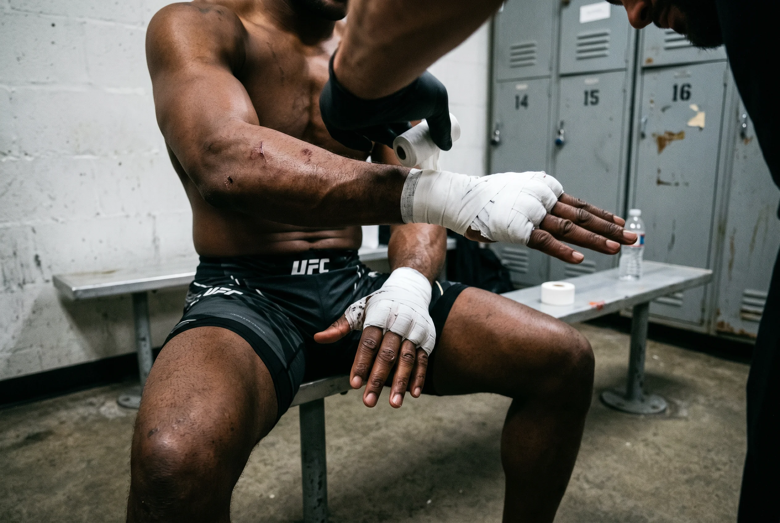 UFC fighter wrapping hands in a sparse gym locker room before a bout