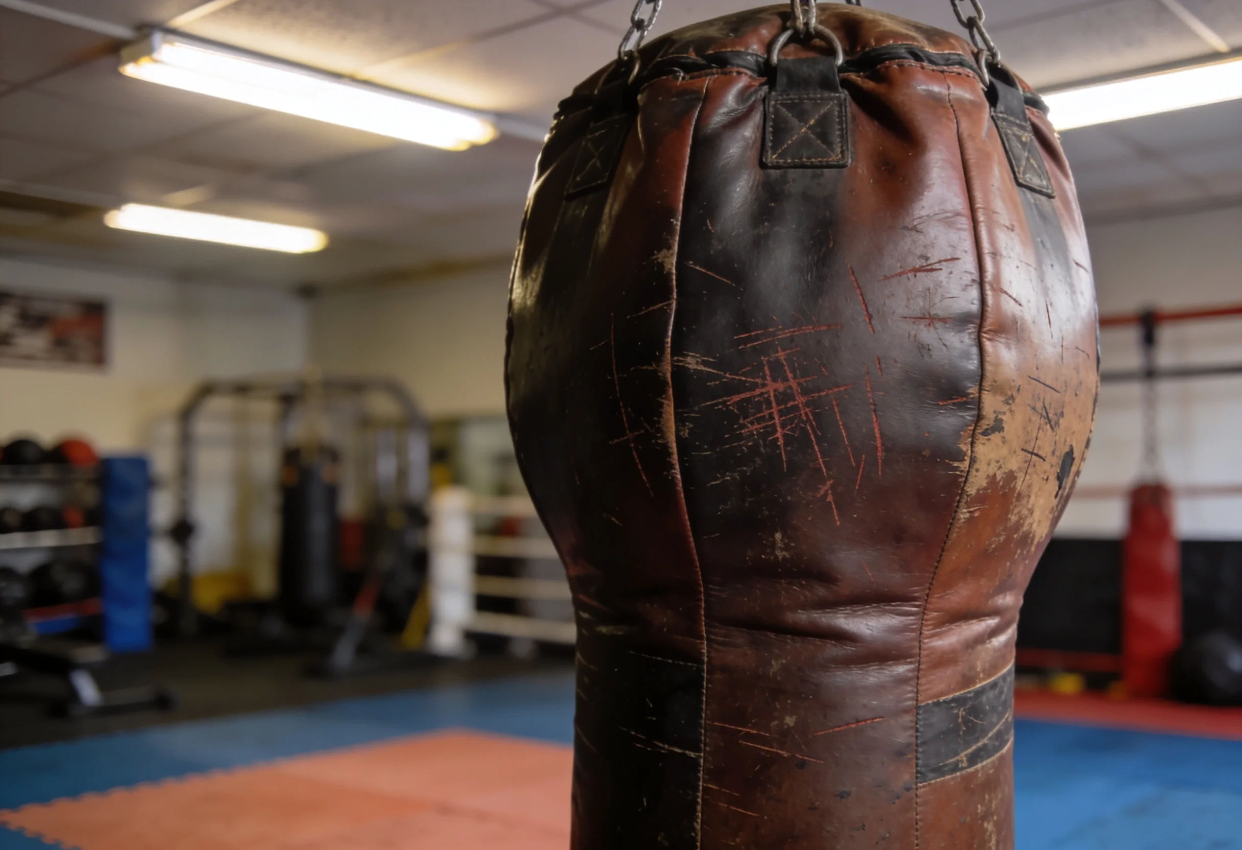 UFC training facility heavy bag with strike marks and gym equipment in the background
