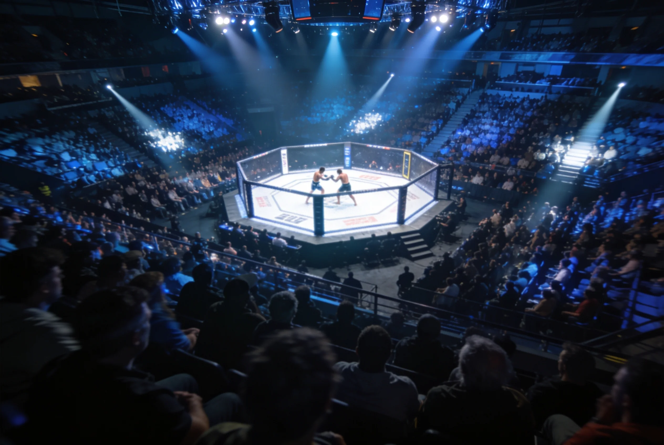 Packed arena crowd watching a live UFC fight with the octagon brightly lit at centre stage