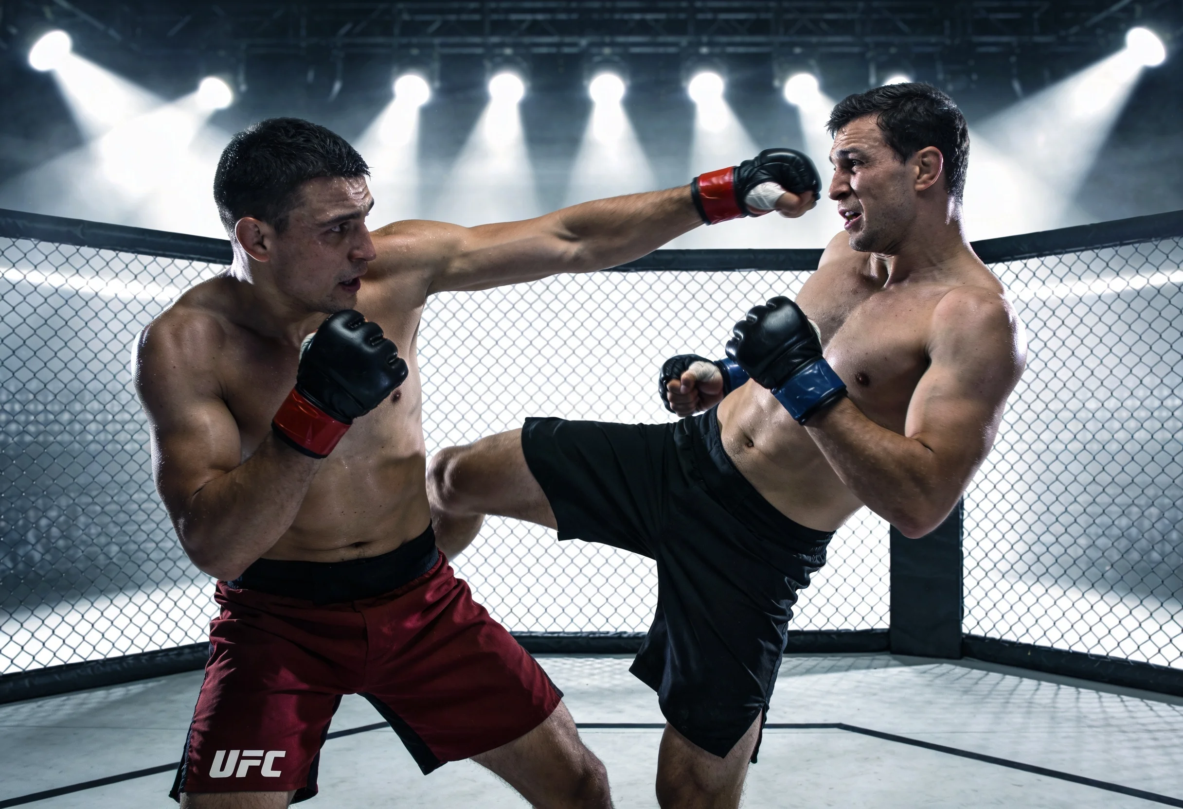 Two MMA fighters exchanging strikes inside the UFC octagon under bright arena lights