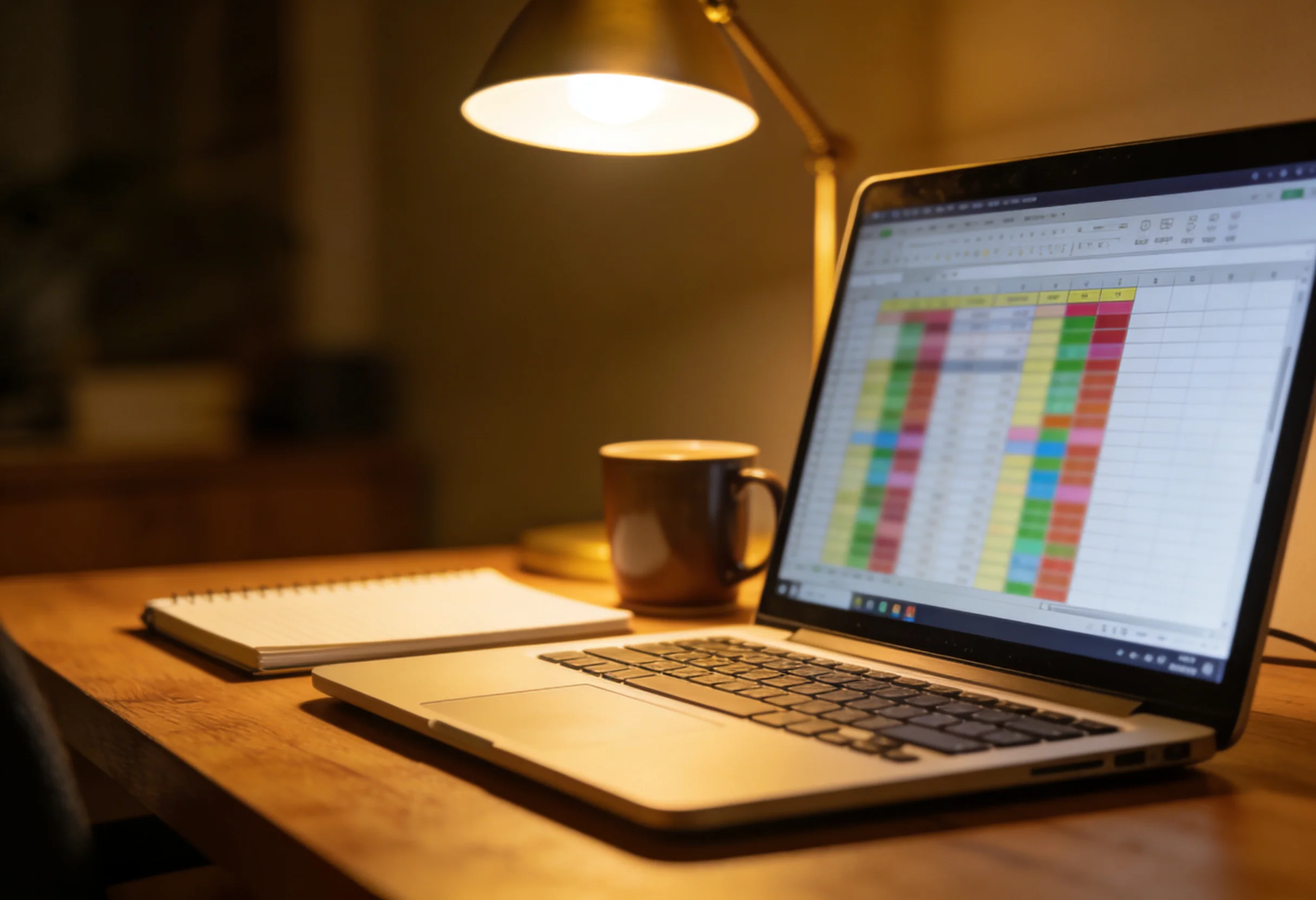 Laptop screen showing a data spreadsheet in a home office setting for fight analysis