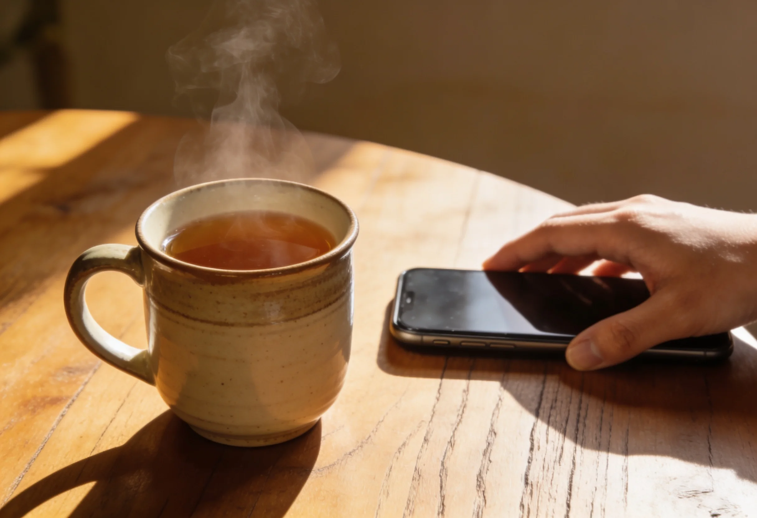 A hand placing a phone face-down on a table next to a cup of tea, suggesting a break from betting