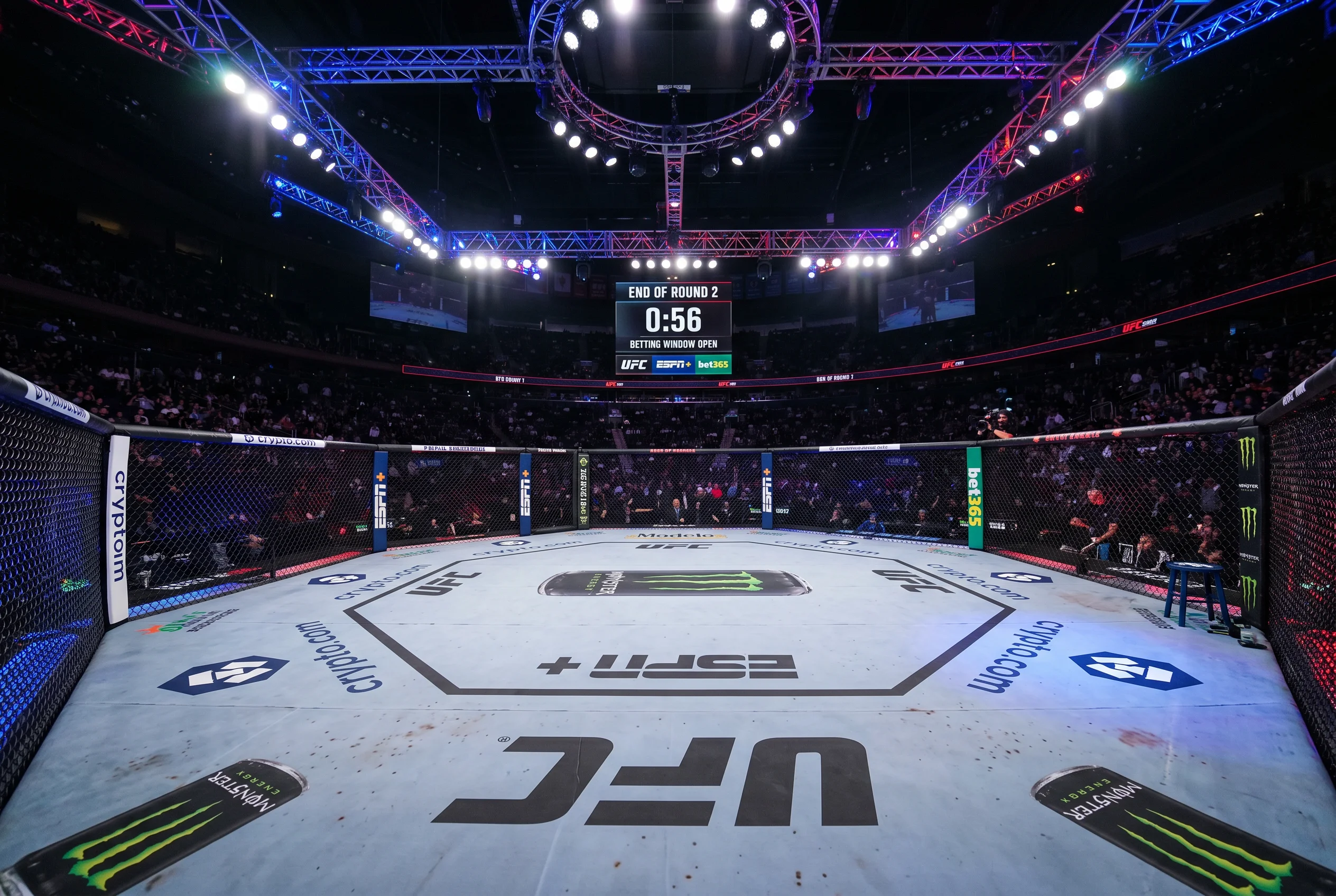 UFC octagon clock and round timer between rounds during a live fight event