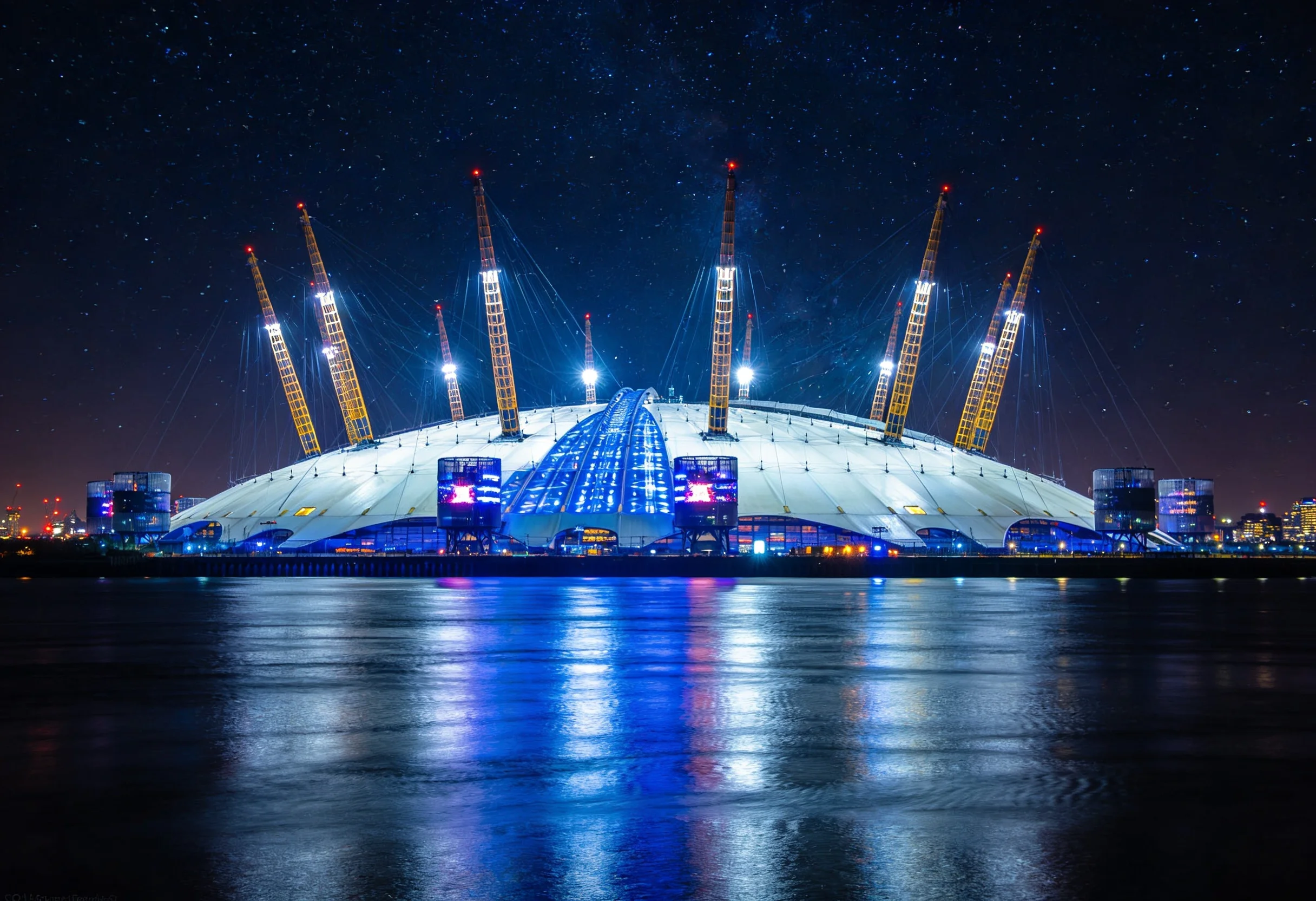 The O2 Arena in London at night with event lighting visible from the exterior