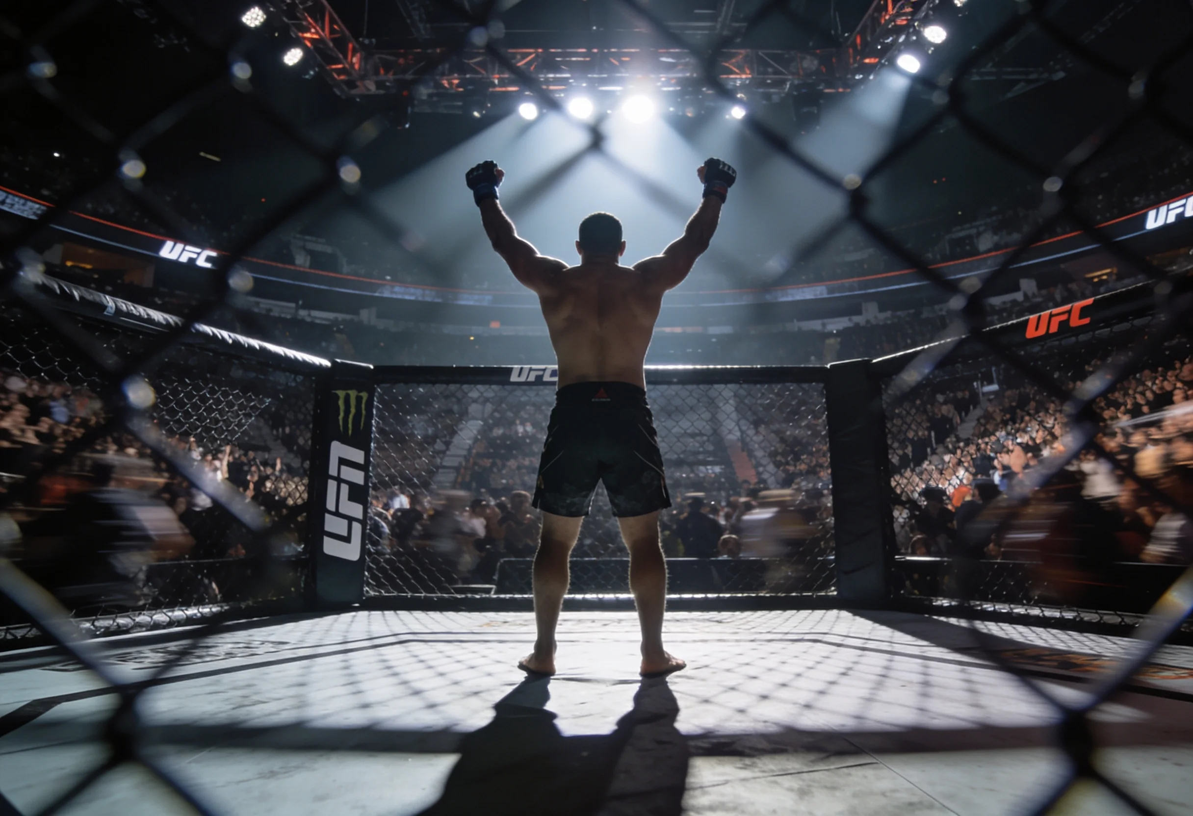 Underdog UFC fighter raising arms in victory celebration inside the octagon after an upset