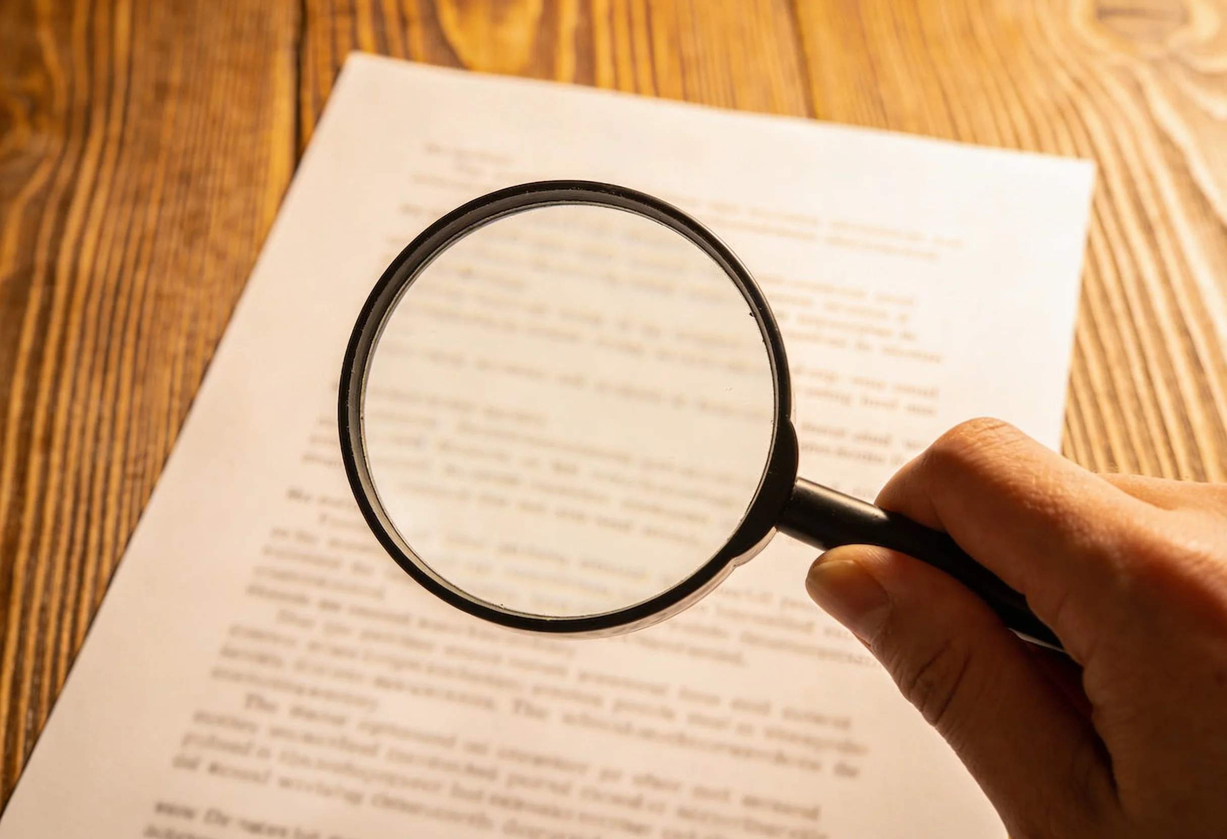 Magnifying glass held over a printed UFC fight card on a desk