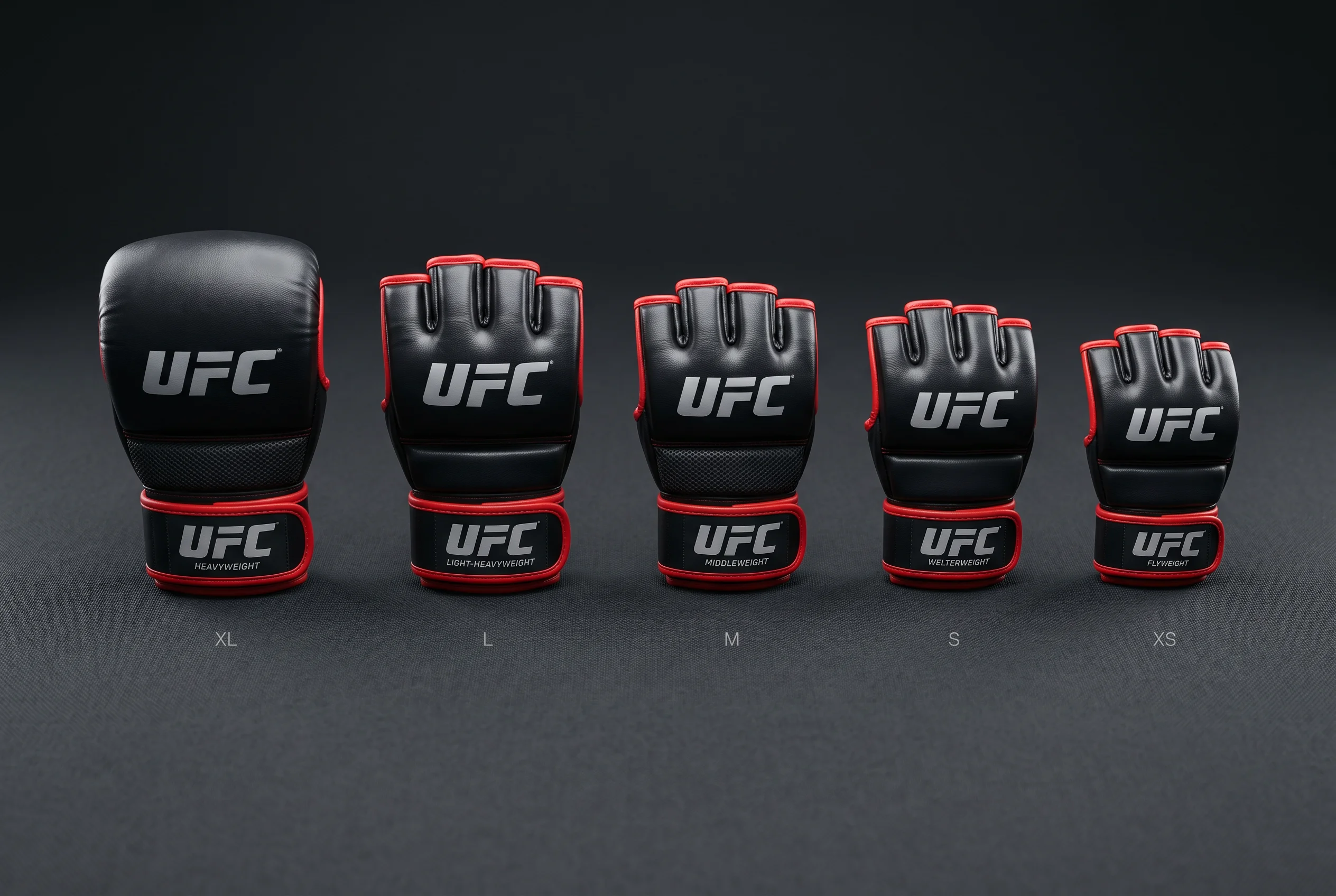 Range of UFC glove sizes from heavyweight to flyweight arranged by weight class