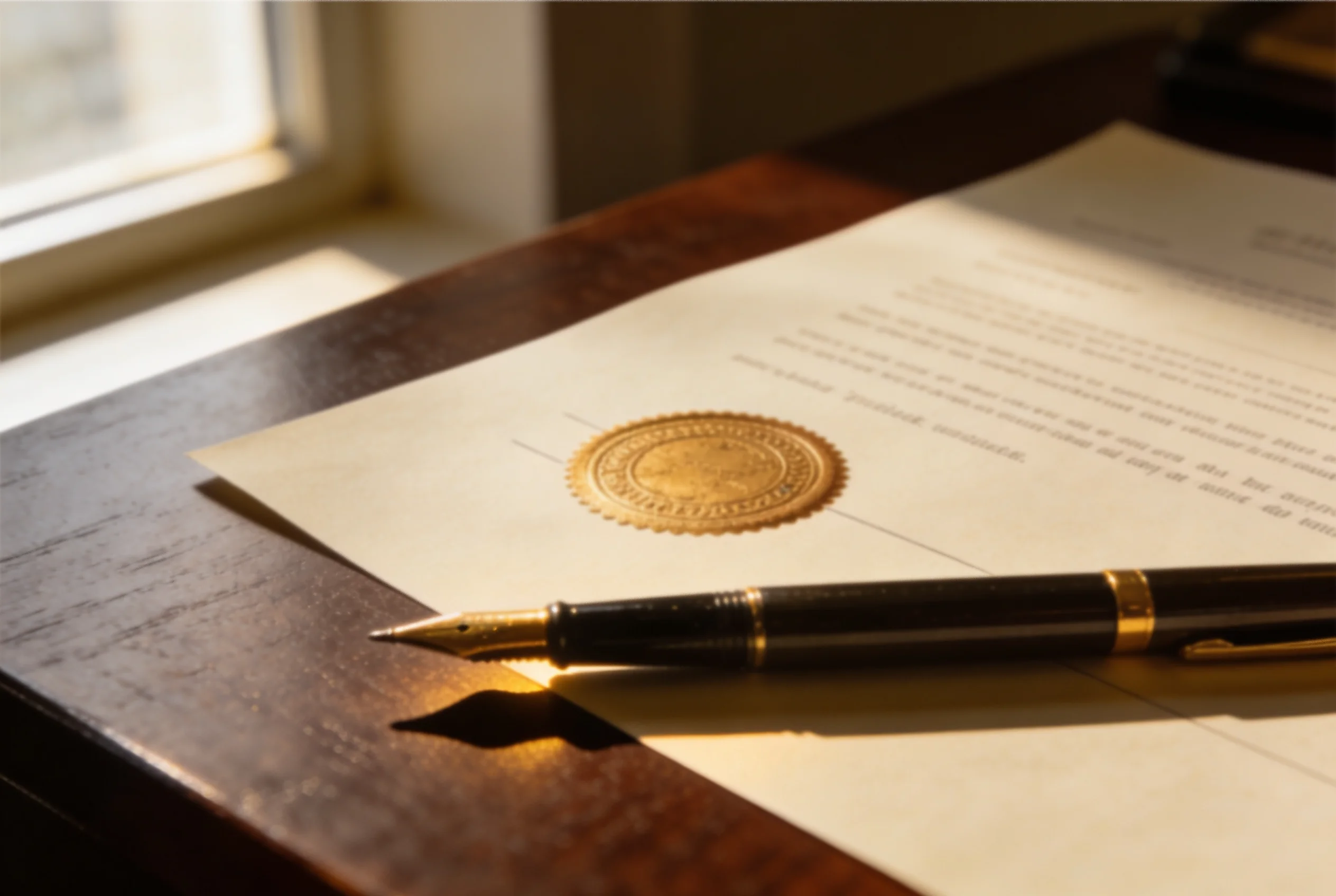 Close-up of an official regulatory document with a government seal on a desk